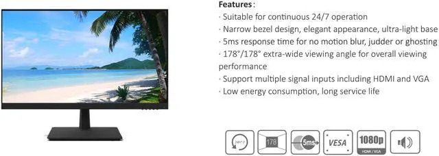 Alt view image 5 of 5 - Generic ENS 24"" Surveillance-Grade LED Monitor - 1080P Full HD, VGA/HDMI Inputs, 16:9 Aspect Ratio, 3000:1 Contrast, 60Hz Refresh Rate, 20ms Response, Built-in Speakers (24"")