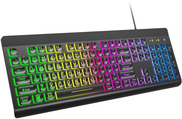 Main image of MOWUX Large Print Backlit Keyboard, Multiple Color Rainbow LED Backlit Large Size USB Wired Computer Keyboard, Full Size Multimedia Keyboard for Windows Desktop, Laptop, PC