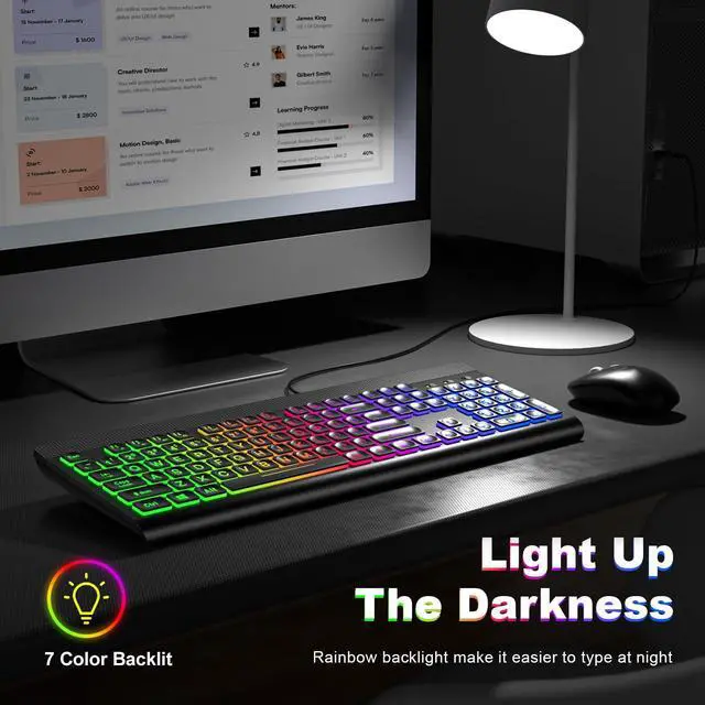 Alt view image 2 of 5 - MOWUX Large Print Backlit Keyboard, Multiple Color Rainbow LED Backlit Large Size USB Wired Computer Keyboard, Full Size Multimedia Keyboard for Windows Desktop, Laptop, PC