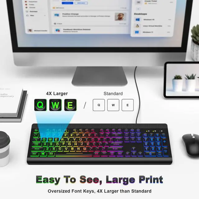 Alt view image 3 of 5 - MOWUX Large Print Backlit Keyboard, Multiple Color Rainbow LED Backlit Large Size USB Wired Computer Keyboard, Full Size Multimedia Keyboard for Windows Desktop, Laptop, PC