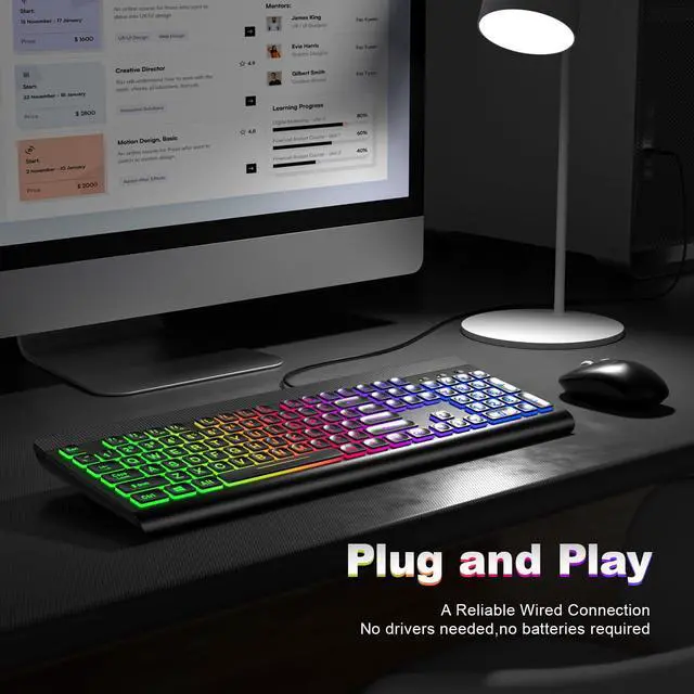 Alt view image 4 of 5 - MOWUX Large Print Backlit Keyboard, Multiple Color Rainbow LED Backlit Large Size USB Wired Computer Keyboard, Full Size Multimedia Keyboard for Windows Desktop, Laptop, PC
