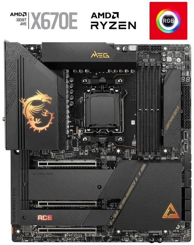 Alt view image 2 of 5 - MSI MEG X670E ACE Gaming Motherboard (AMD Ryzen 9000/8000/7000 Series Processors, AM5, DDR5, PCIe 5.0, SATA 6Gb/s, M.2, USB 3.2 Gen 2, Wi-Fi 6E, Bluetooth 5.3, HDMI/DP, EATX)