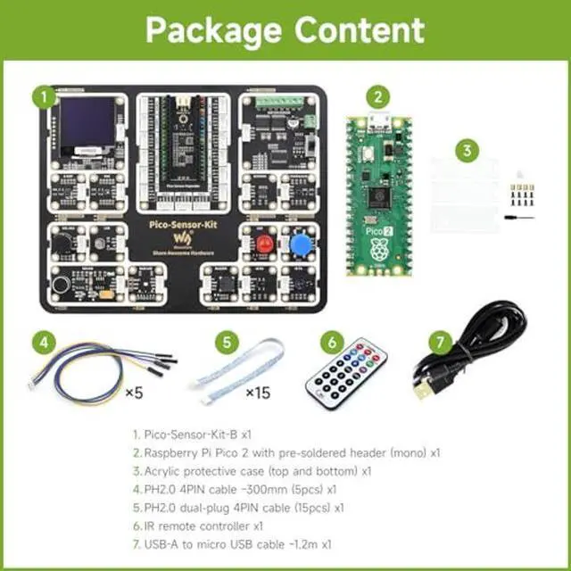 Alt view image 2 of 5 - Waveshare Sensor Kit, Compatible with Raspberry Pi Pico 2 Microcontroller Board, Based On Official RP2350 Chip, Dual-Core & Dual-Architecture Design, 7 Items