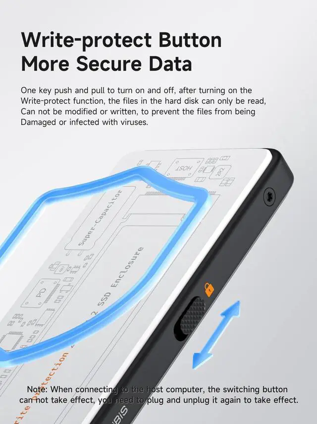 Alt view image 4 of 5 - Hagibis M.2 NVMe SSD Enclosure, Write Protect USB C 3.2 Gen2 10Gbps to M.2 External Hard Drive Enclosure with 100W PD, USB2.0, Super-Capacitor for iPhone 16 15 Pro Max MacBook Pro (White Black)