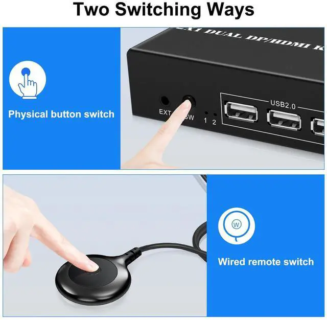 Alt view image 4 of 5 - Wiistar HDMI DP KVM Switch 2 Monitors 2 Computers 4K@60Hz Dual Monitors 2 Computers HDMI+Displayport KVM Switch for 2 Computer Share 2 Display and 3 USB2.0 Devices Wired Remote and 4 Cables Included