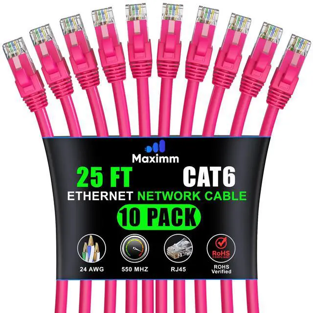 Main image of Maximm Cat 6 Ethernet Cable 25 ft (10-Pack) - High-Speed LAN Cable, Internet Cable, Patch Cable, and Network Cable - UTP, 10Gbps, 550MHz Ethernet Cord - Pink