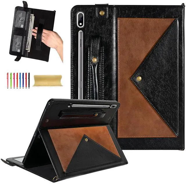 Main image of Dteck Case for Galaxy Tab S10 Plus/S9 FE Plus/S9+/S8+/S7 FE/S7+ 12.4",Business PU Leather Fold Stand Protective Cover with S Pen Holder Shoulder Hand Strap Card Slots Bag Wallet Cover,Coffee/Black