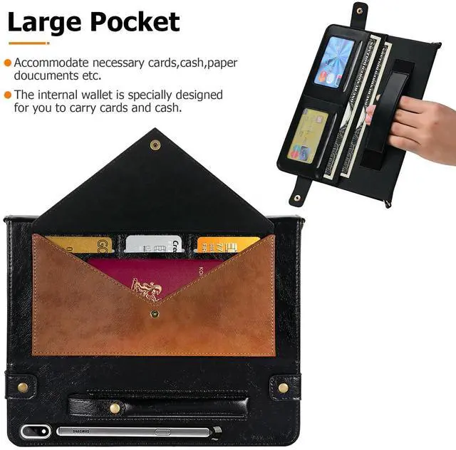 Alt view image 3 of 5 - Dteck Case for Galaxy Tab S10 Plus/S9 FE Plus/S9+/S8+/S7 FE/S7+ 12.4",Business PU Leather Fold Stand Protective Cover with S Pen Holder Shoulder Hand Strap Card Slots Bag Wallet Cover,Coffee/Black