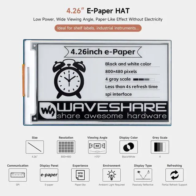 Alt view image 3 of 5 - Waveshare 4.26inch E-Paper Display HAT, 800x480, Black/White, SPI Interface