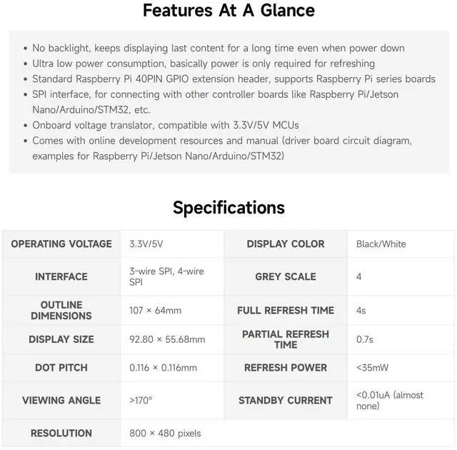 Alt view image 4 of 5 - Waveshare 4.26inch E-Paper Display HAT, 800x480, Black/White, SPI Interface