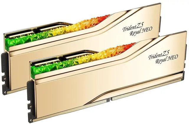 Main image of G.SKILL Trident Z5 Royal Neo Series (AMD Expo) DDR5 RAM 32GB (2x16GB) 6400MT/s CL30-39-39-102 1.40V Desktop Computer Memory UDIMM - Gold (F5-6400J3039G16GX2-TR5NG)