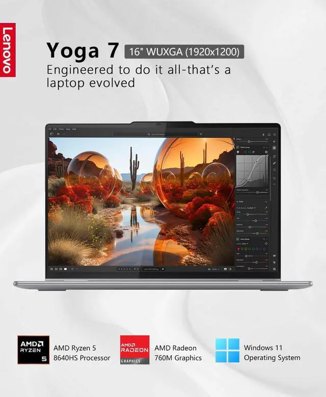 Alt view image 3 of 5 - Lenovo Yoga 7 2-in-1 16" WUXGA (1920x1200) Touch-Screen Laptop, AMD Ryzen 5 8640HS 6-core, 8GB RAM, 512GB SSD, AMD Radeon 760M Graphics, Backlit KB, Fingerprint, WiFi6, Win11, Arctic Grey, W/GaLiMu