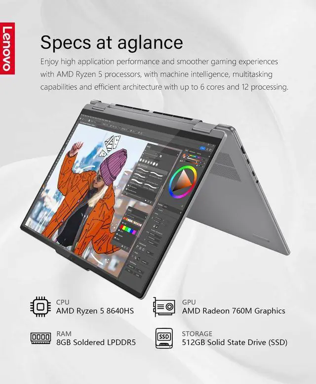 Alt view image 2 of 5 - Lenovo Yoga 7 2-in-1 16" WUXGA (1920x1200) Touch-Screen Laptop, AMD Ryzen 5 8640HS 6-core, 8GB RAM, 512GB SSD, AMD Radeon 760M Graphics, Backlit KB, Fingerprint, WiFi6, Win11, Arctic Grey, W/GaLiMu