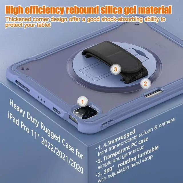 Alt view image 2 of 5 - Batianda Case for iPad Pro 11-inch 2022 4th M2 Chip /2021 (3rd Generation) Heavy Duty Rugged Shockproof Tablet Cover with 360deg Rotating Hand Strap Foldable Hidden Stand & Shoulder Strap, Lavender