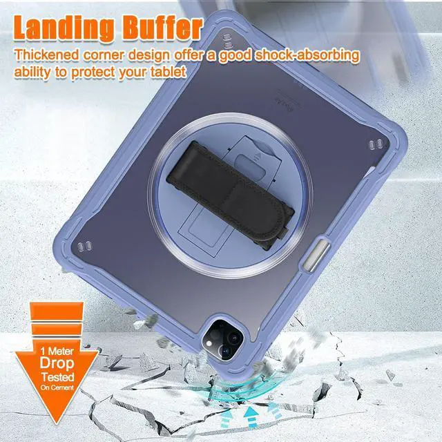 Alt view image 4 of 5 - Batianda Case for iPad Pro 11-inch 2022 4th M2 Chip /2021 (3rd Generation) Heavy Duty Rugged Shockproof Tablet Cover with 360deg Rotating Hand Strap Foldable Hidden Stand & Shoulder Strap, Lavender