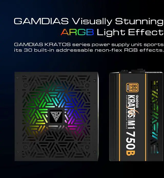 Alt view image 4 of 5 - GAMDIAS RGB Gaming PC Power Supply 750W 80 Plus Bronze Certified 750 Watt PSU for Computers with Active PFC, Kratos M1-750B