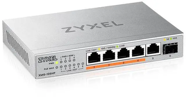 Main image of Zyxel 5-Port 2.5G Multi-Gig Unmanaged Switch | 1 x 10G SFP+ | Desktop or Wall Mount [XMG-105]