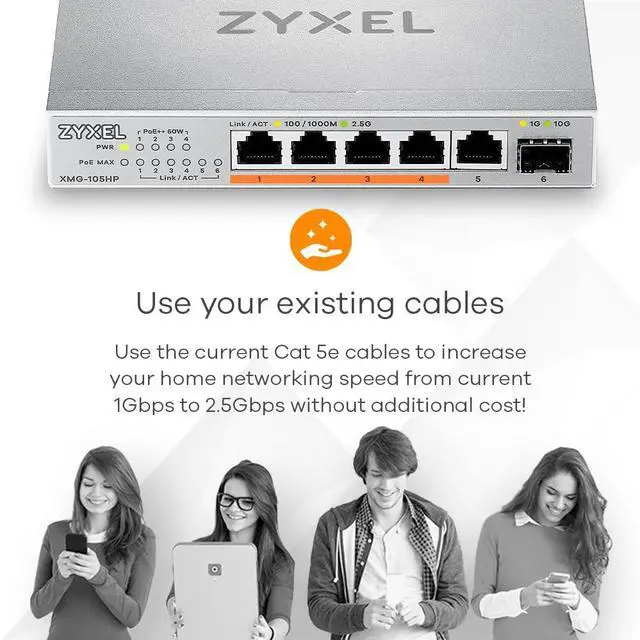 Alt view image 5 of 5 - Zyxel 5-Port 2.5G Multi-Gig Unmanaged Switch | 1 x 10G SFP+ | Desktop or Wall Mount [XMG-105]