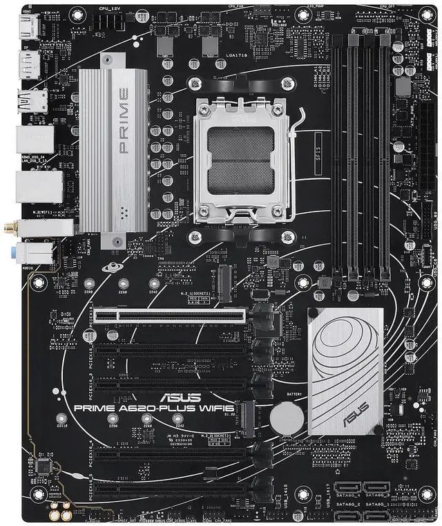 Main image of Prime A620-PLUS WIFI6 AMD A620 AM5 ATX Motherboard, DDR5, PCIe 4.0, Dual M.2 Slots, WiFi 6, DisplayPort/HDMI(tm), Rear & Front USB 5Gbps Type-C(r), SATA 6 Gbps, Two-Way AI Noise Cancelation, Aura Sync