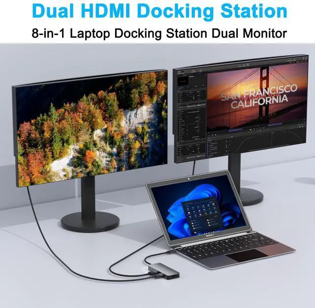 Alt view image 3 of 5 - Docking Station Dual Monitor for Dell/HP/Lenovo/Mac Laptop, USB C Laptop Docking Station Dual Monitor, Dual HDMI Adapter for 2 Monitors, 8 in 1 USB C Hub Multiport Adapter with HDMI/USB/PD/SD/TF