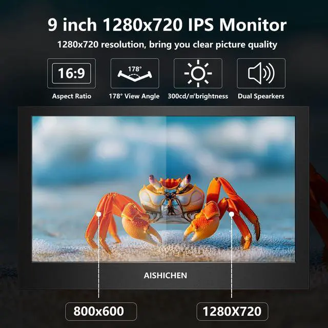 Alt view image 2 of 5 - 9 Inch Small Monitor Built-in Speakers, Mini Monitor 1280 x 720, HDMI VGA Input 60 Hz 3ms IPS Screen Display, Security Display for Raspi CCTV Camera Car HDMI VGA Input Metal Shell
