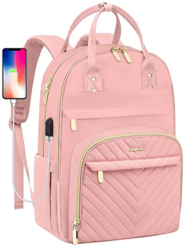Main image of bagswan Backpack for Women laptop Bag - Laptop Backpack with USB Charger Travel Business Computer Backpack for Work College Backpack for Teacher Casual Waterproof Bookbag for Nurses PINK