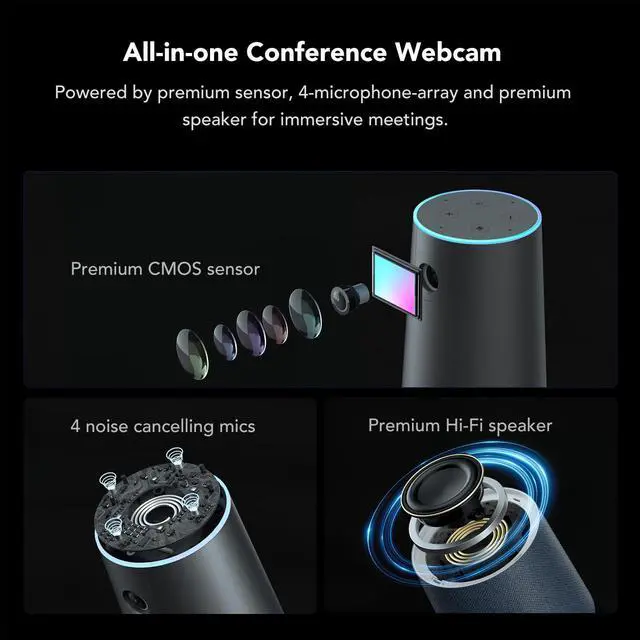 Alt view image 2 of 5 - NEARITY C45 2K Video Conference Webcam with Microphone and Speaker, All-in-One Camera with 4 Noise Cancelling Microphone, 5X Zoom FHD Webcam AI Auto-Framing Plug-and-Play for Zoom/Teams/Google Meet