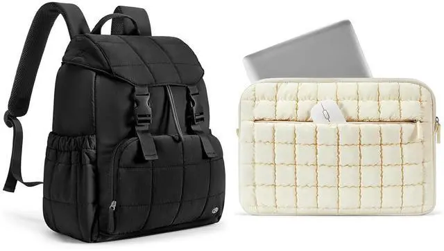 Main image of BOSTANTEN 15.6-Inch Laptop Black Backpack, along with a Beige Puffy Laptop Sleeve for MacBook Air 13-Inch M3 (2024 model).