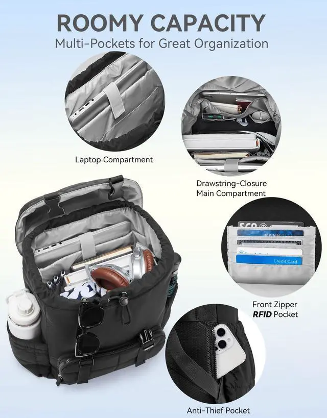 Alt view image 4 of 5 - BOSTANTEN 15.6-Inch Laptop Black Backpack, along with a Beige Puffy Laptop Sleeve for MacBook Air 13-Inch M3 (2024 model).