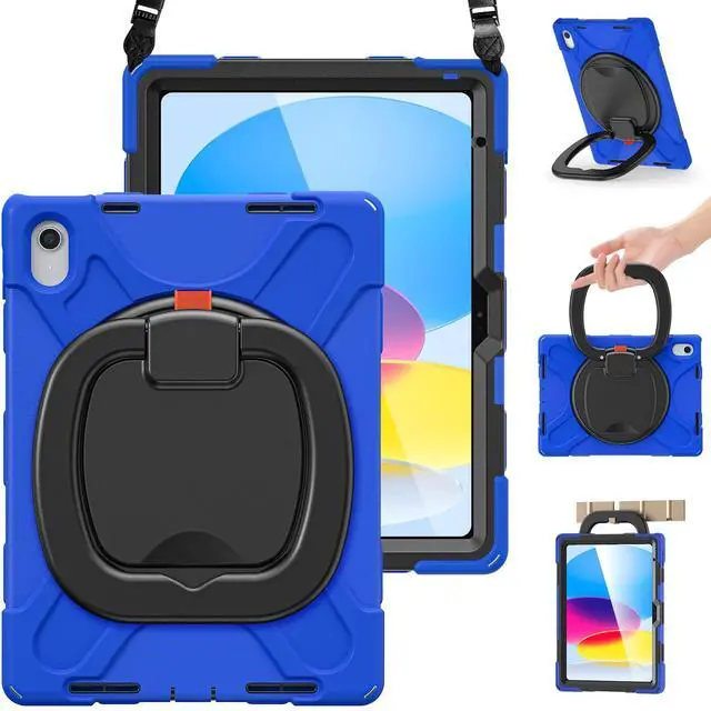 Main image of BRAECN Case for iPad 10th Generation 2022 10.9 Inch A2696 A2757 A2777-Rugged Silicone Cover for iPad 10th Gen w/Pencil Holder/Swivel Ring Stand/Screen Protector/Stable Kickstand/Shoulder Strap, Blue