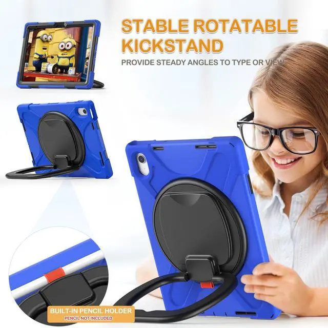 Alt view image 3 of 5 - BRAECN Case for iPad 10th Generation 2022 10.9 Inch A2696 A2757 A2777-Rugged Silicone Cover for iPad 10th Gen w/Pencil Holder/Swivel Ring Stand/Screen Protector/Stable Kickstand/Shoulder Strap, Blue