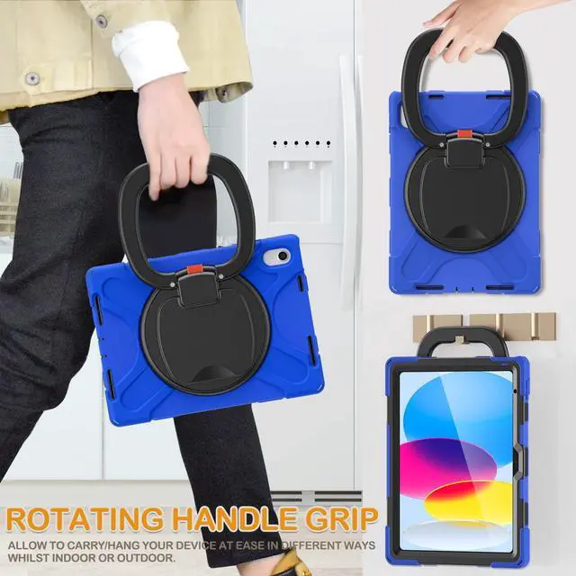 Alt view image 4 of 5 - BRAECN Case for iPad 10th Generation 2022 10.9 Inch A2696 A2757 A2777-Rugged Silicone Cover for iPad 10th Gen w/Pencil Holder/Swivel Ring Stand/Screen Protector/Stable Kickstand/Shoulder Strap, Blue