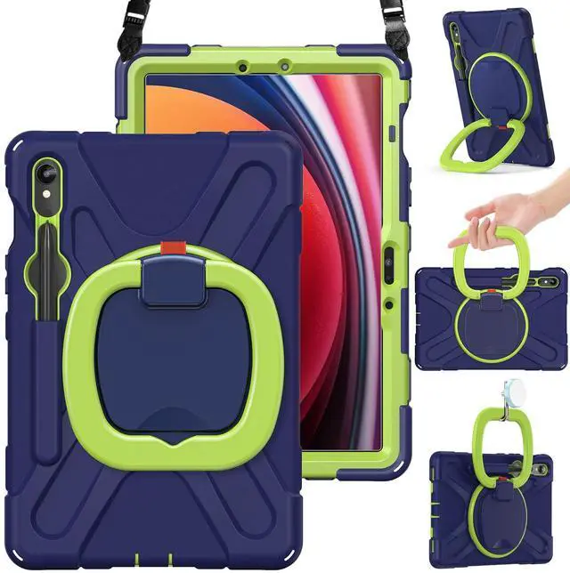 Main image of BRAECN Kids Case for Samsung Tab S9 FE 10.9"/ S9 11" 2023 SM-X510/X710 with S Pen Holder, 360degSwivel Kickstand, Shoulder Strap, Heavy Duty Protective Silicone Case for Galaxy Tab S8/S7, Navy Green