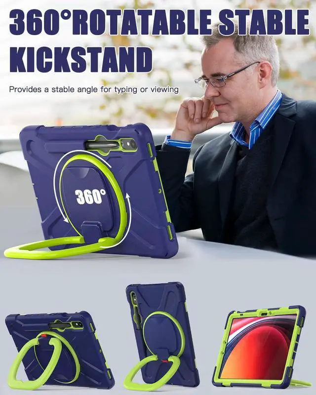 Alt view image 3 of 5 - BRAECN Kids Case for Samsung Tab S9 FE 10.9"/ S9 11" 2023 SM-X510/X710 with S Pen Holder, 360degSwivel Kickstand, Shoulder Strap, Heavy Duty Protective Silicone Case for Galaxy Tab S8/S7, Navy Green