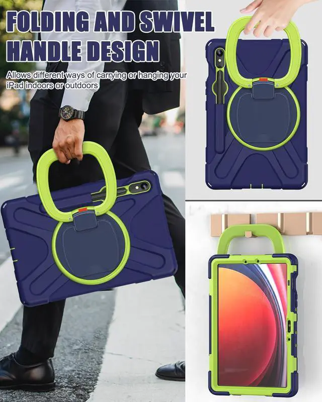 Alt view image 4 of 5 - BRAECN Kids Case for Samsung Tab S9 FE 10.9"/ S9 11" 2023 SM-X510/X710 with S Pen Holder, 360degSwivel Kickstand, Shoulder Strap, Heavy Duty Protective Silicone Case for Galaxy Tab S8/S7, Navy Green