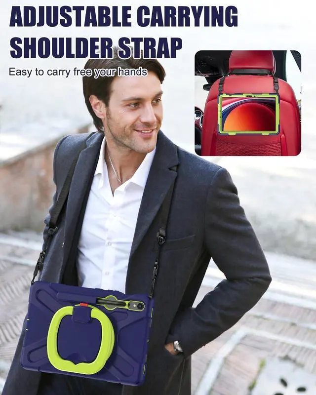 Alt view image 5 of 5 - BRAECN Kids Case for Samsung Tab S9 FE 10.9"/ S9 11" 2023 SM-X510/X710 with S Pen Holder, 360degSwivel Kickstand, Shoulder Strap, Heavy Duty Protective Silicone Case for Galaxy Tab S8/S7, Navy Green
