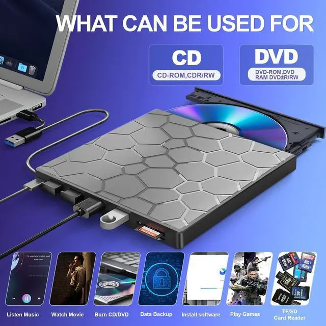Alt view image 2 of 5 - External CD/DVD Drive for Laptop, DVD Player for Laptop, 8 in 1 USB 3.0 Ultra-Slim Portable, CD Burner External Disk Drive Optical Compatible with Laptop Desktop Mac,Windows 11/10/8/7 Linux