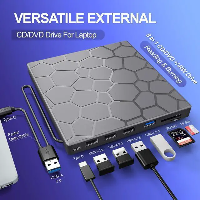Alt view image 4 of 5 - External CD/DVD Drive for Laptop, DVD Player for Laptop, 8 in 1 USB 3.0 Ultra-Slim Portable, CD Burner External Disk Drive Optical Compatible with Laptop Desktop Mac,Windows 11/10/8/7 Linux