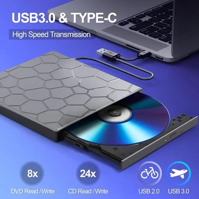 Alt view image 5 of 5 - External CD/DVD Drive for Laptop, DVD Player for Laptop, 8 in 1 USB 3.0 Ultra-Slim Portable, CD Burner External Disk Drive Optical Compatible with Laptop Desktop Mac,Windows 11/10/8/7 Linux