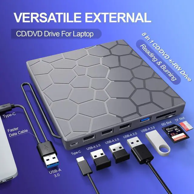 Alt view image 4 of 5 - BPAKDU External CD/D1VD Drive for Laptop, DVD Player for Laptop, 8 in 1 USB 3.0 Ultra-Slim Portable (gunmetalgrey)