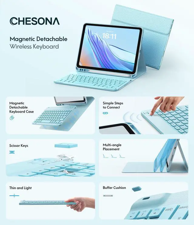 Alt view image 3 of 5 - CHESONA Keyboard Case for iPad 10th Generation 10.9-inch 2022, Detachable Bluetooth Keyboard, Stand Folio Keyboard Cover with Pencil Holder, Rechargeable Keyboard for iPad 10th Gen 2022 (Light Blue)