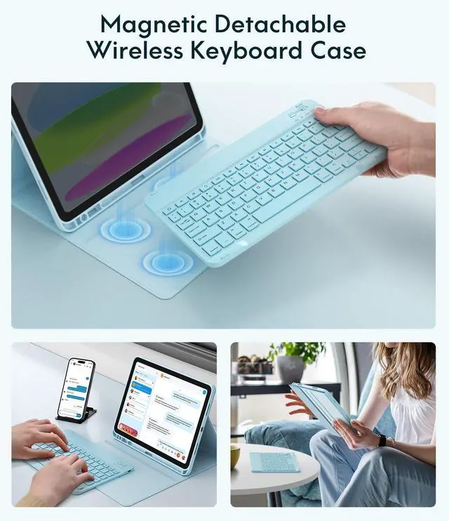 Alt view image 4 of 5 - CHESONA Keyboard Case for iPad 10th Generation 10.9-inch 2022, Detachable Bluetooth Keyboard, Stand Folio Keyboard Cover with Pencil Holder, Rechargeable Keyboard for iPad 10th Gen 2022 (Light Blue)