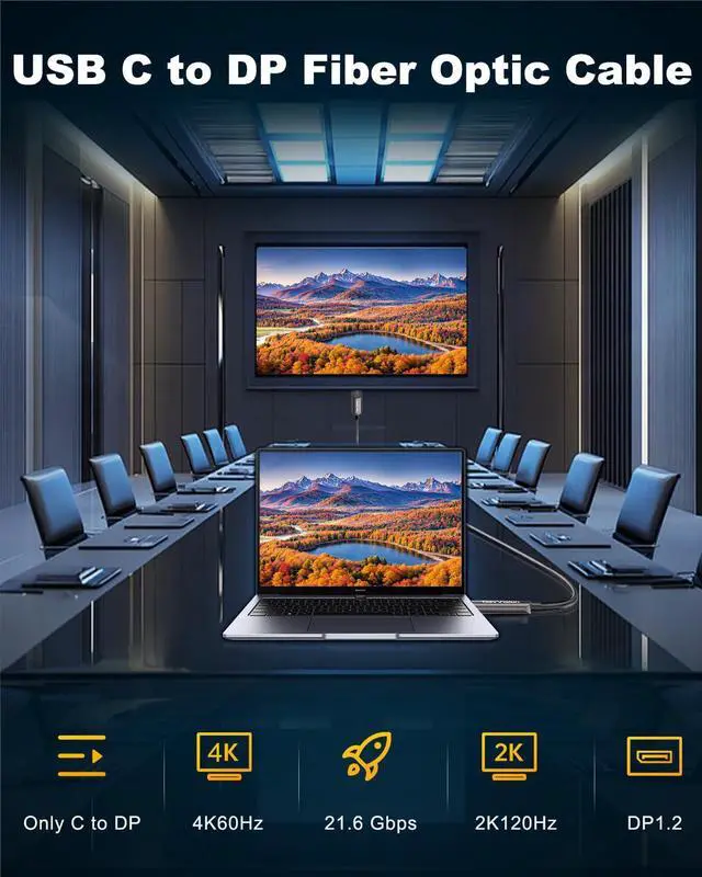 Alt view image 2 of 5 - DavVision USB C to DP Fiber Optic Cable 33 FT, 4K@60Hz Type C to DP Active Optic Cable for Business Meeting, DP 1.2 with DP Alt Mode,HDCP 2.2,Compatible with iPhone 15/16 Pro/Max,MacBook,Galaxy S23/24