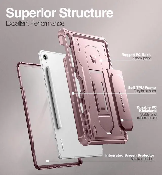 Alt view image 5 of 5 - Dexnor Case for Samsung Galaxy Tab S9 FE 10.9 Inch 2023, [Built in Screen Protector & Kickstand] with Pen Holder Heavy Duty Shockproof Full Body Protective Cover for Galaxy Tab S9 FE Case-Pink