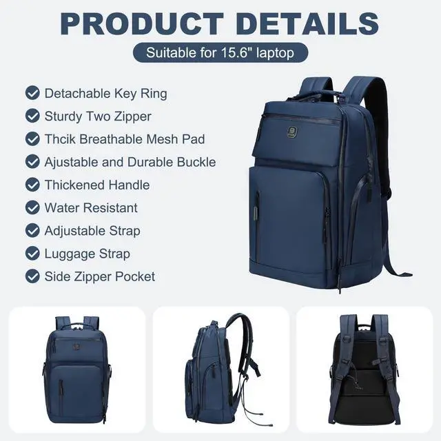 Alt view image 4 of 5 - DTGN Large Capacity Water Resistant Laptop Backpack, 17 Inch Airplane Approved Durable Bag for College, Business Travel, Blue