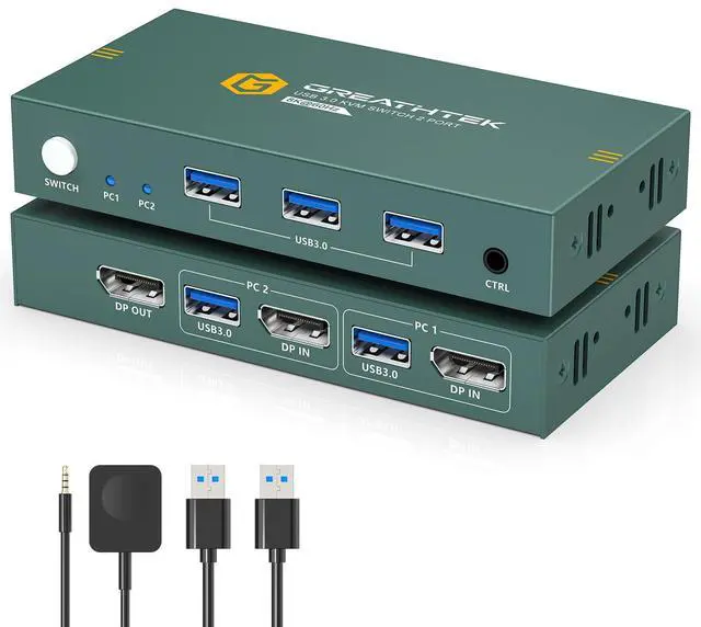 Main image of KVM Switch 1 Monitors 2 Computers Displayport 8K@60Hz, USB3.0 KVM Switch Displayport with 3 USB 3.0 Ports EDID Adaptive Sharing Mouse Keyboard and Monitor Plug and Play