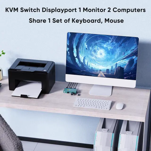 Alt view image 2 of 5 - KVM Switch 1 Monitors 2 Computers Displayport 8K@60Hz, USB3.0 KVM Switch Displayport with 3 USB 3.0 Ports EDID Adaptive Sharing Mouse Keyboard and Monitor Plug and Play