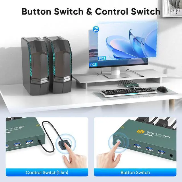 Alt view image 5 of 5 - KVM Switch 1 Monitors 2 Computers Displayport 8K@60Hz, USB3.0 KVM Switch Displayport with 3 USB 3.0 Ports EDID Adaptive Sharing Mouse Keyboard and Monitor Plug and Play