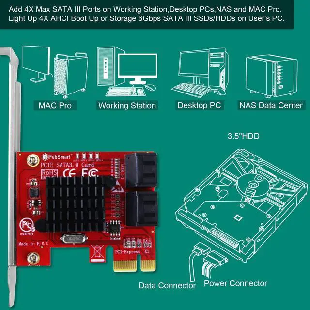 Alt view image 3 of 5 - FebSmart PCIE 3.0 to 4-Ports 6Gbps SATA III Expansion Card for Desktop PCs, ASMedia ASM1064 None-Raid PCIE 3.0 SATA III Host Controller, Plug and Play on Windows OS, MAC OS, Linux System (FS-S4-Pro)