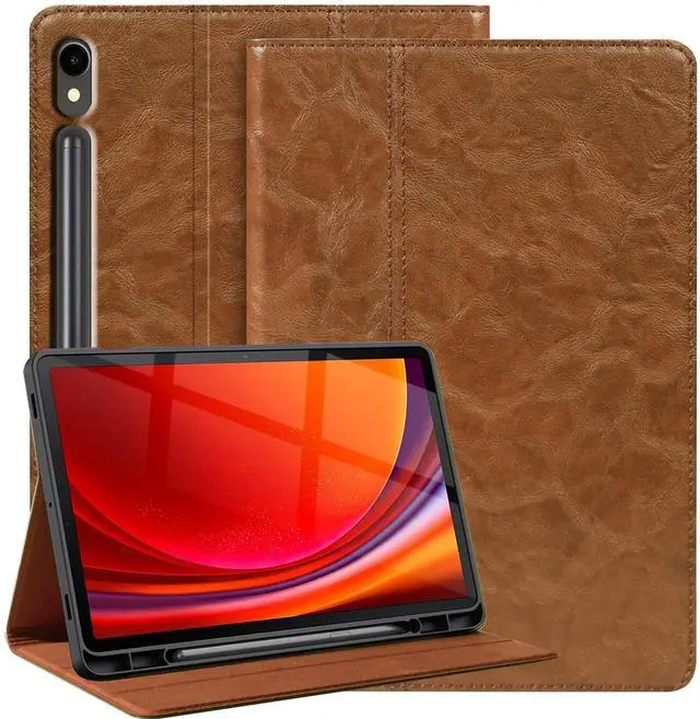 Main image of Gexmil Genuine Leather Case for Samsung Galaxy Tab S9/S9 FE 11 Inch with Pencil Holder,Shockproof Protective Adjustable Kickstand Smart Premium Folio Flip Tablet Cover, Khaki
